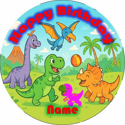 Circular birthday edible image cake topper with cartoon dinosaurs playing and 'Happy Birthday' text.