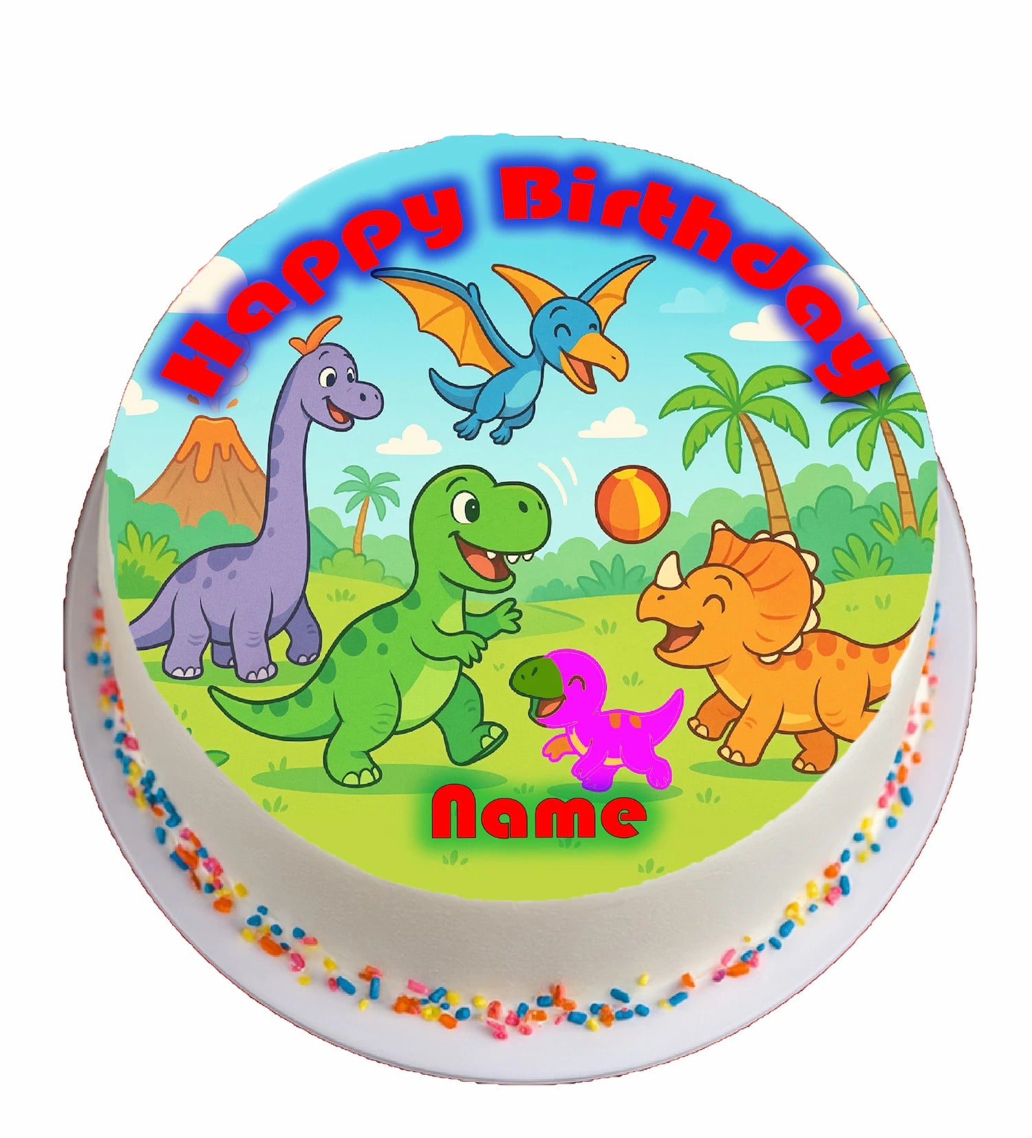 Dinosaur-themed edible icing birthday cake topper with colorful dinosaurs at play and 'Happy Birthday' text.