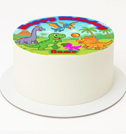 Round cake with dinosaur-themed  edible icing image 