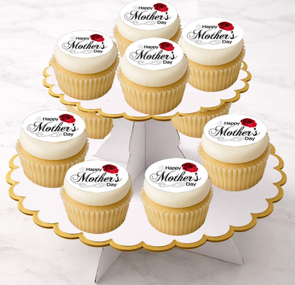 Display of Mother's Day Red Rose Edible Image Cookie & Cupcake Toppers