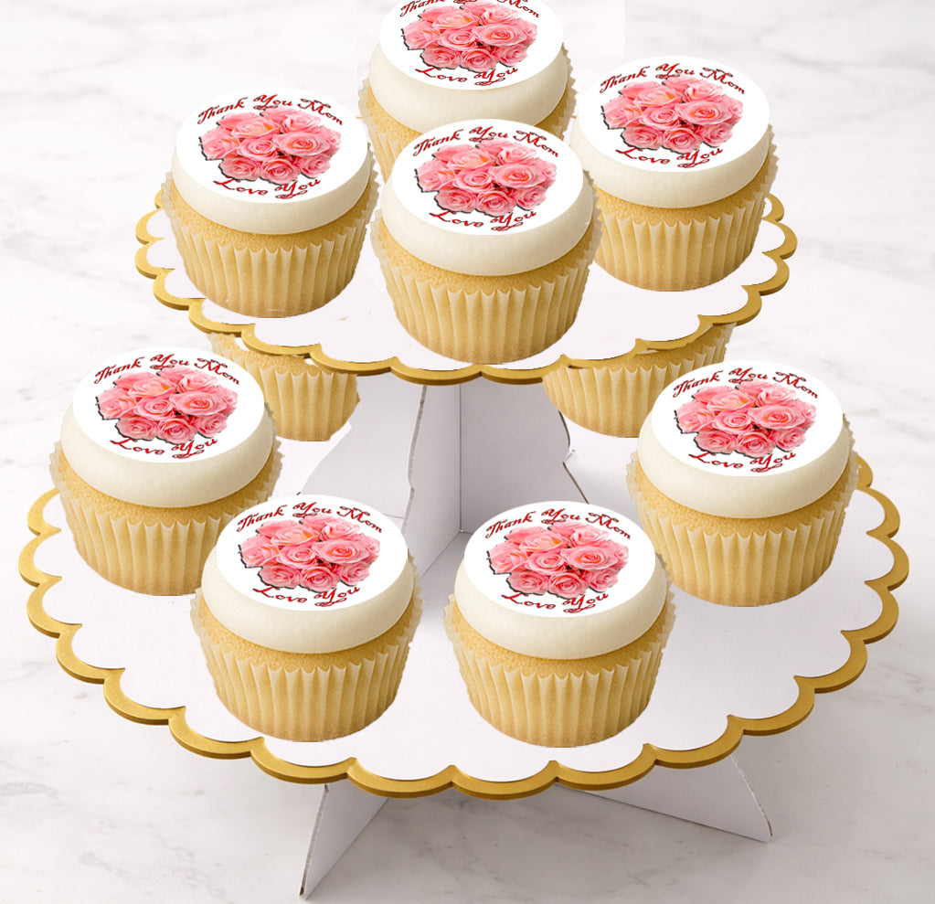 Display tray of Mother's Day Peach Rose Bouquet Edible Image Cupcake Toppers