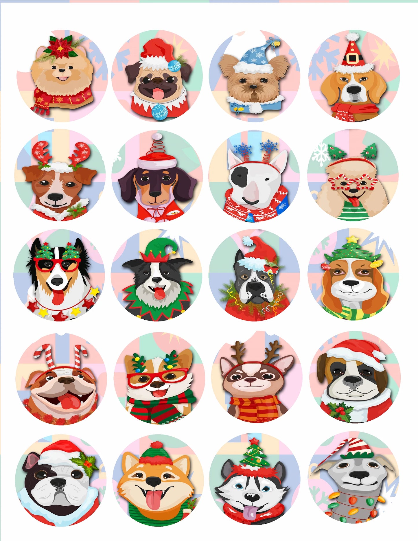 Sheet of 20 Christmas Canine Crew edible cake images – pre-cut round icing cake images for cookies and cupcakes, perfect holiday dessert decorations

