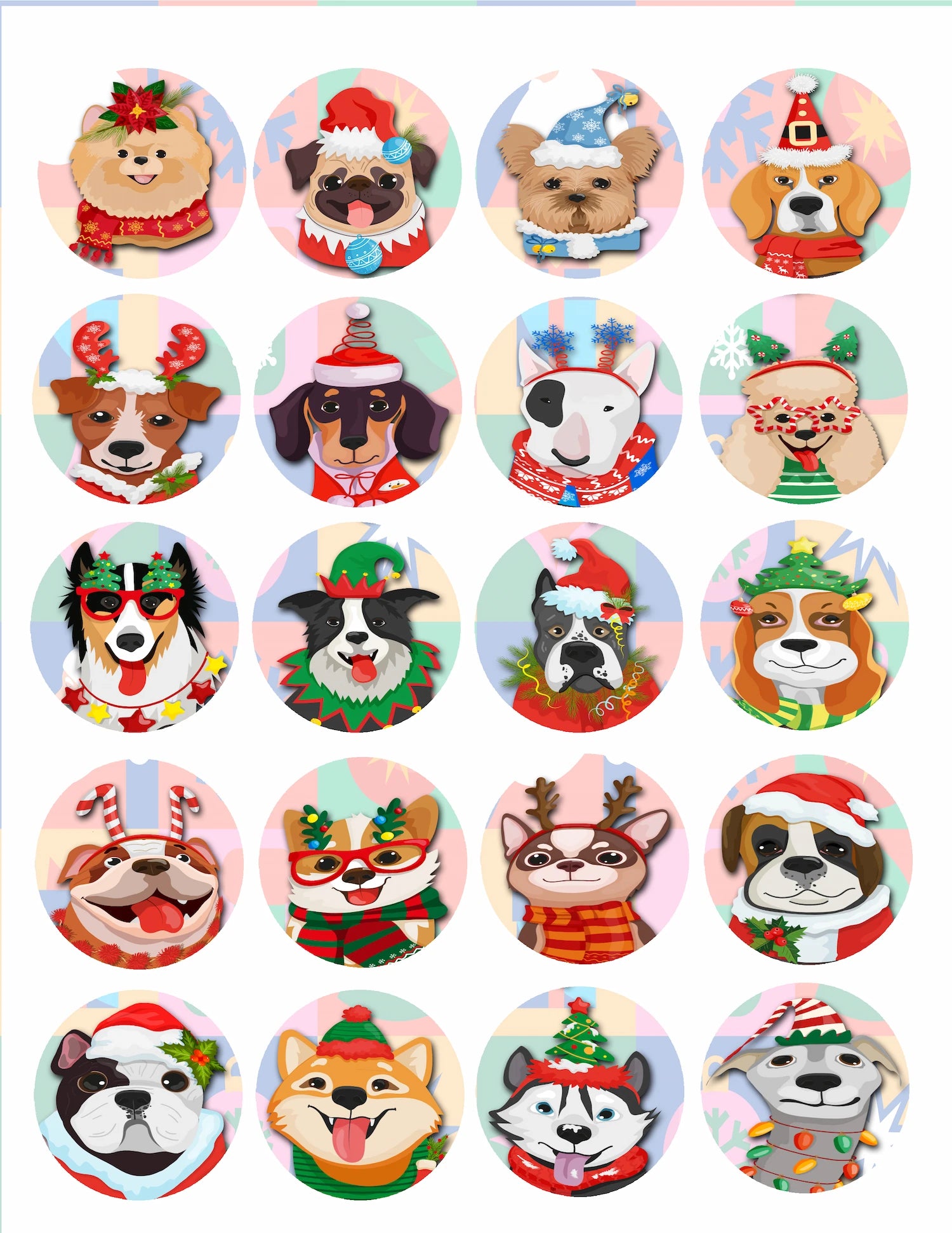 Sheet of 20 Christmas Canine Crew edible cake images – pre-cut round icing cake images for cookies and cupcakes, perfect holiday dessert decorations

