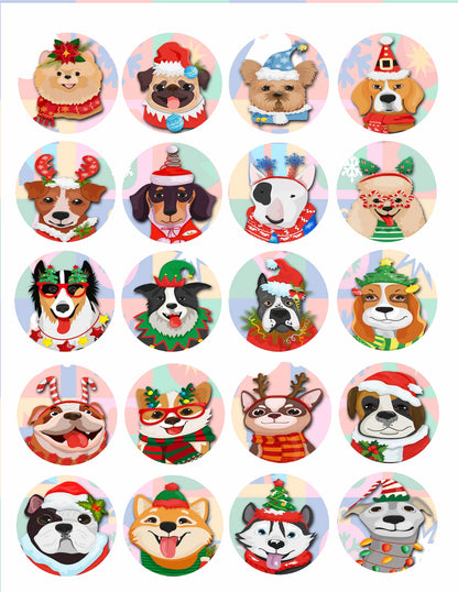 Sheet of 20 Christmas Canine Crew edible cake images – pre-cut round icing cake images for cookies and cupcakes, perfect holiday dessert decorations
