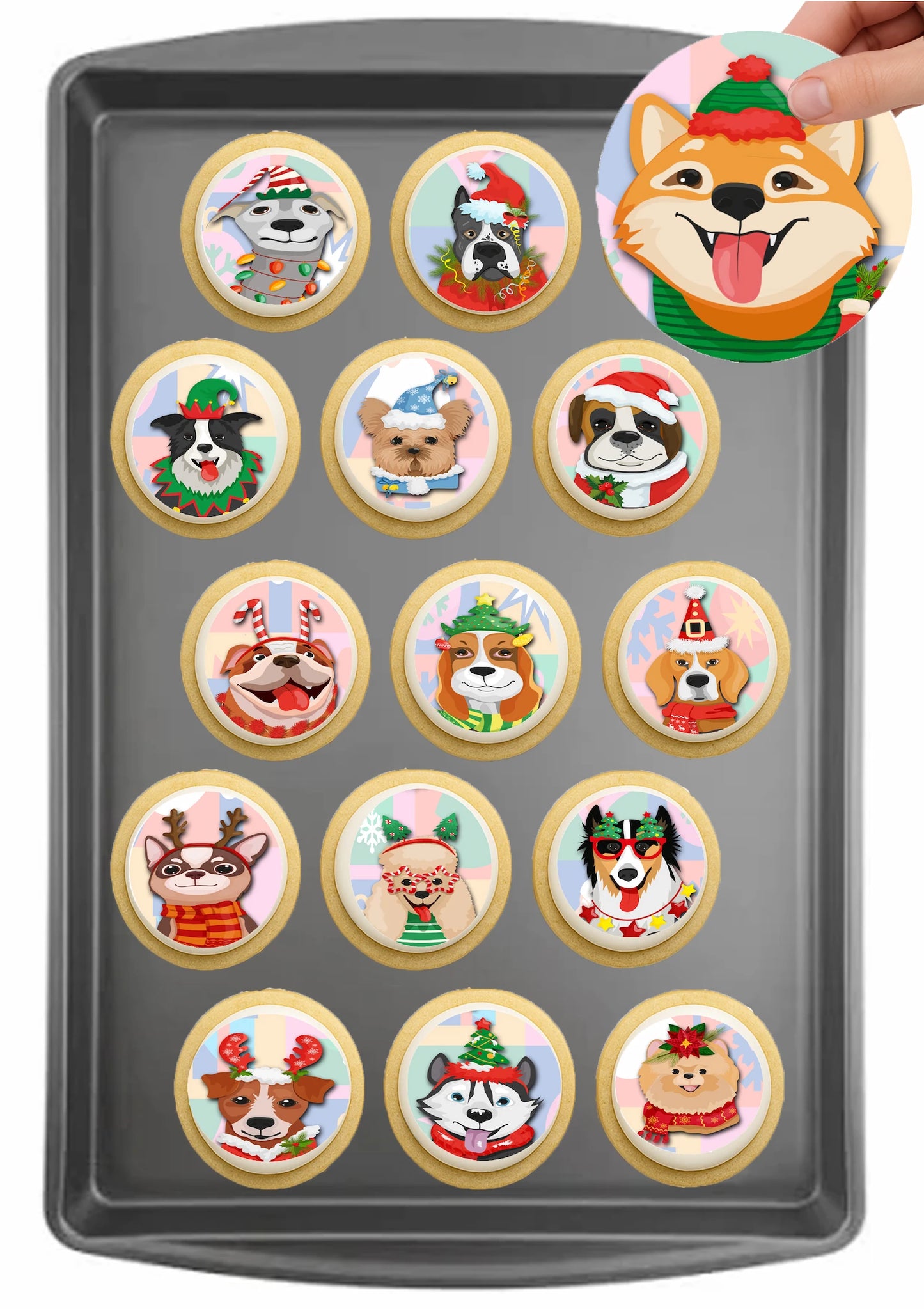 Christmas Canine Crew edible cake images on baking tray – pre-cut round edible cake images for holiday cookies, Dog theme icing sheet
