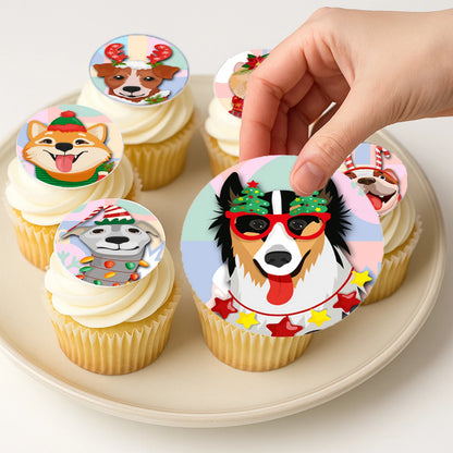 Applying Christmas Canine Crew edible cake images on frosted cupcake – Christmas Canine Crew edible cake images are perfect holiday treats