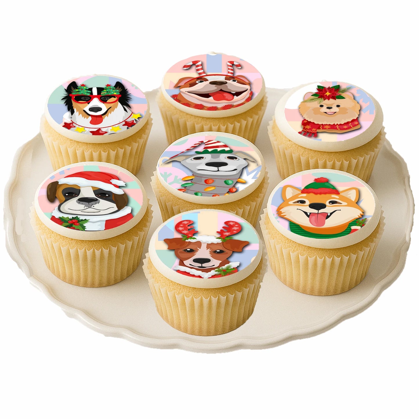 Christmas Canine Crew edible cake images - cupcake image toppers on cupcakes – for Christmas holiday fun