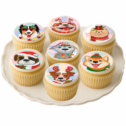 Christmas Canine Crew edible cake images - cupcake image toppers on cupcakes – for Christmas holiday fun