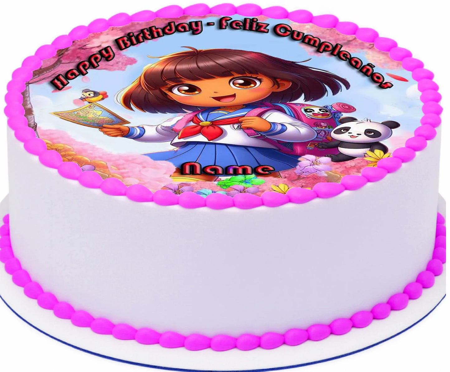 Birthday cake topper with Dora the Explorer design and 'Happy Birthday' text