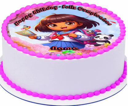 Birthday cake topper with Dora the Explorer design and 'Happy Birthday' text