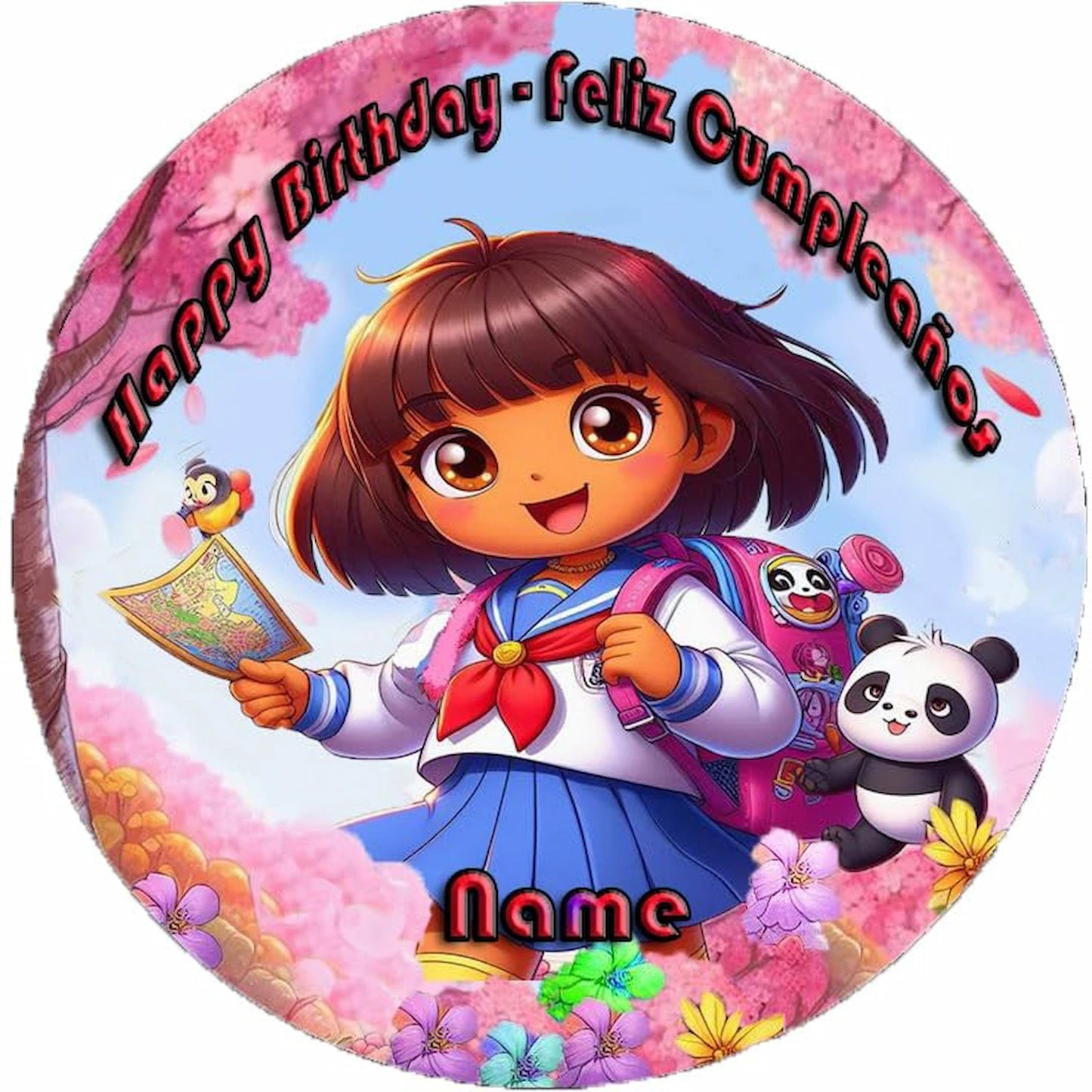 Circular birthday edible icing image with cartoon Dora The Explorer character, and panda.