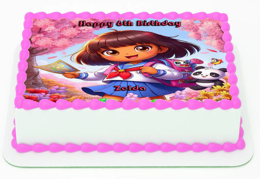 Edible Icing Image Birthday cake Topper with Dora the Explorer design and Personalied.