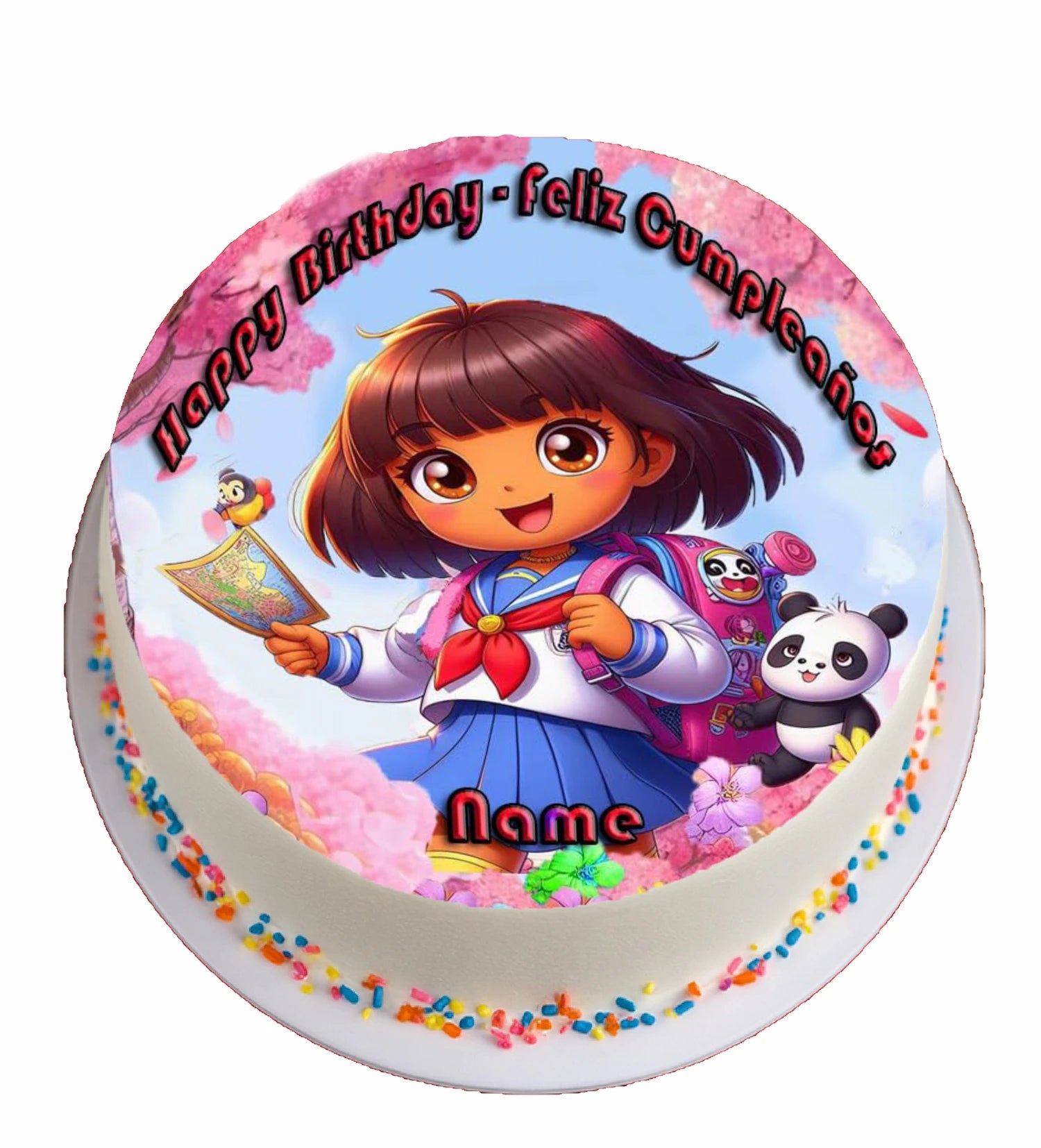 Round birthday edible icing cake topper with cartoon Dora the Explorer character and 'happy birthday' text