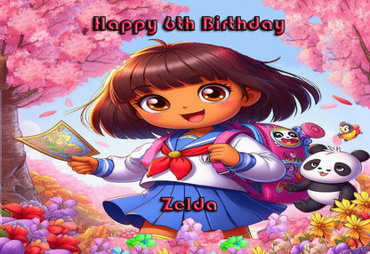 Edible Icing Images- Dora Cartoon character with a panda and cherry blossoms, celebrating a happy birthday with age and name personalized.