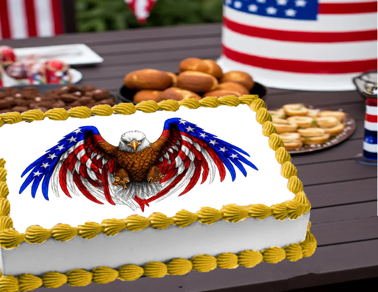 Custom Edible Cake Topper – American Eagle Design – 1/4 Sheet Cake (9x13) – Precut Frosting Sheet – RA Pape