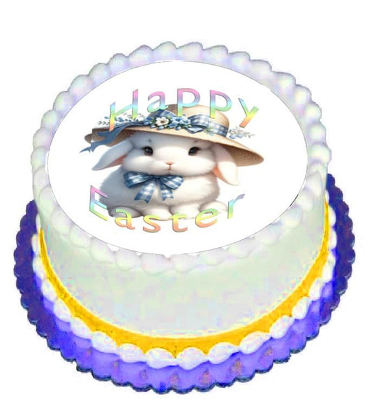 Custom Edible Cake Topper – Easter Bunny in Hat Design – Pre-cut 8" Round Icing Sheet – RA Pape