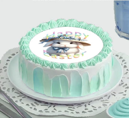 Edible Icing Image Cake Topper with Easter Bunny in Hat themed decoration