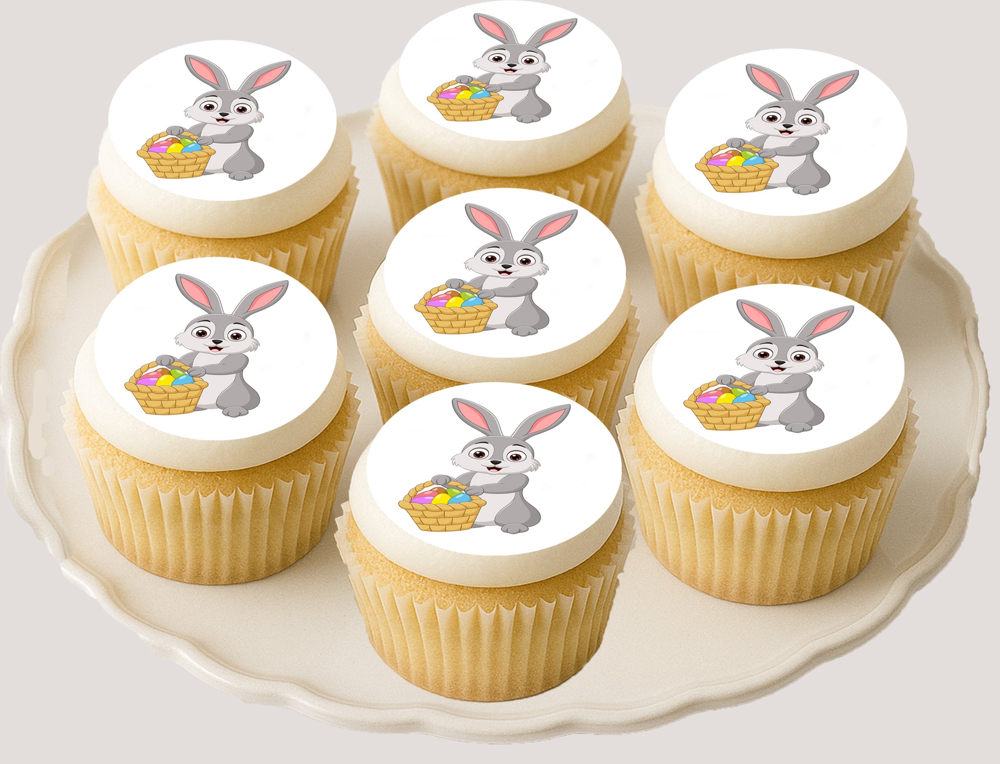 Easter Bunny with Basket Edible Cookie Image –  Precut 2” Rounds on cupcakes