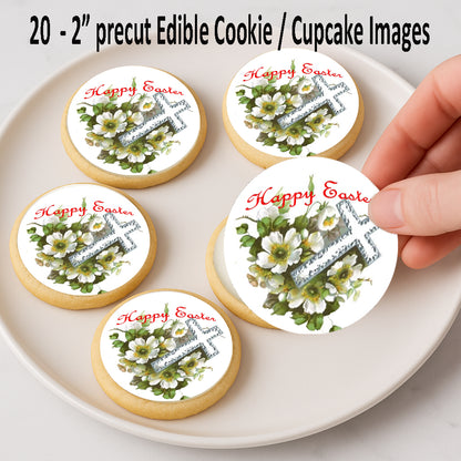 Easter Cross Edible Cookie Image –  Precut 2” Rounds Happy Easter 