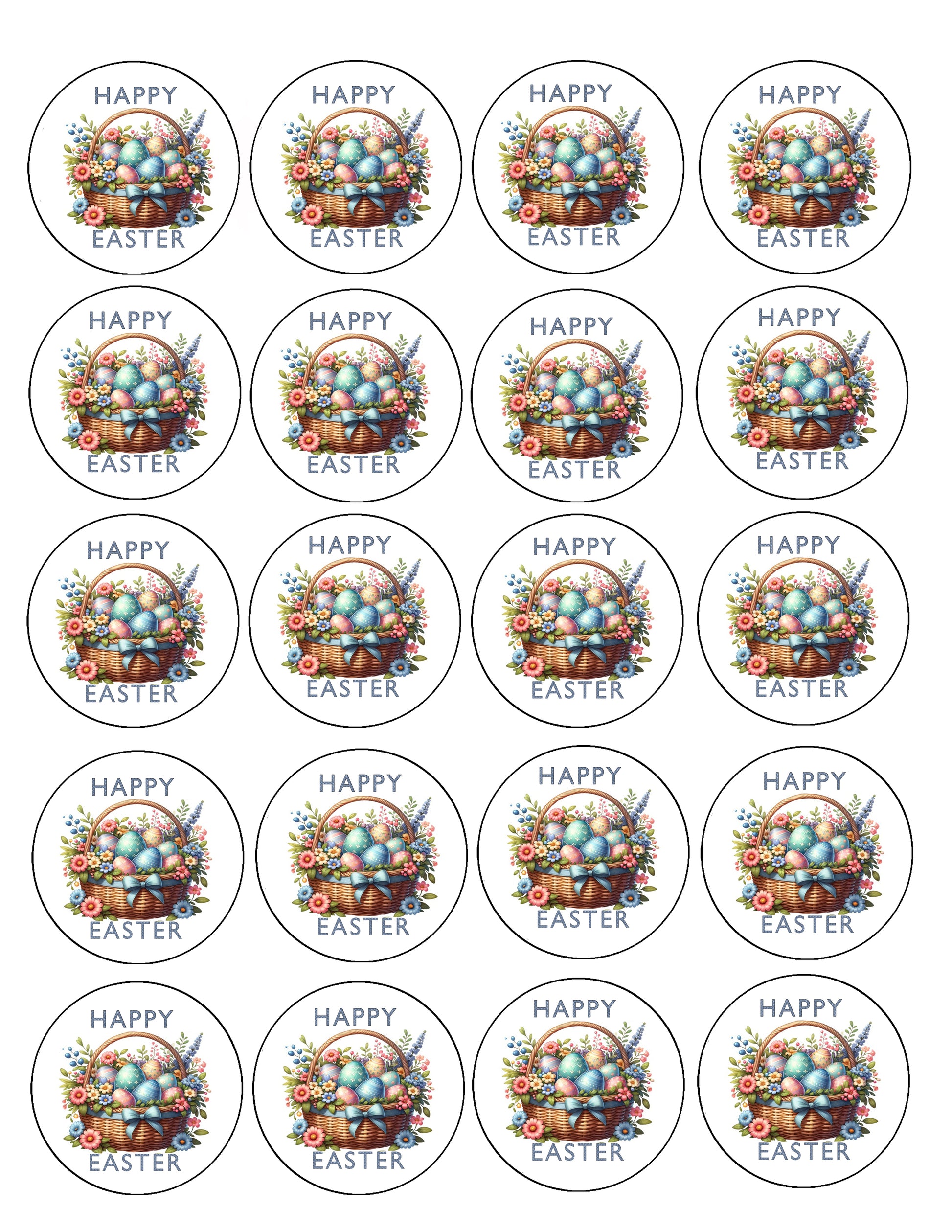 Shet of 20 Easter Egg Basket Edible Cookie Image – Precut 2” Rounds