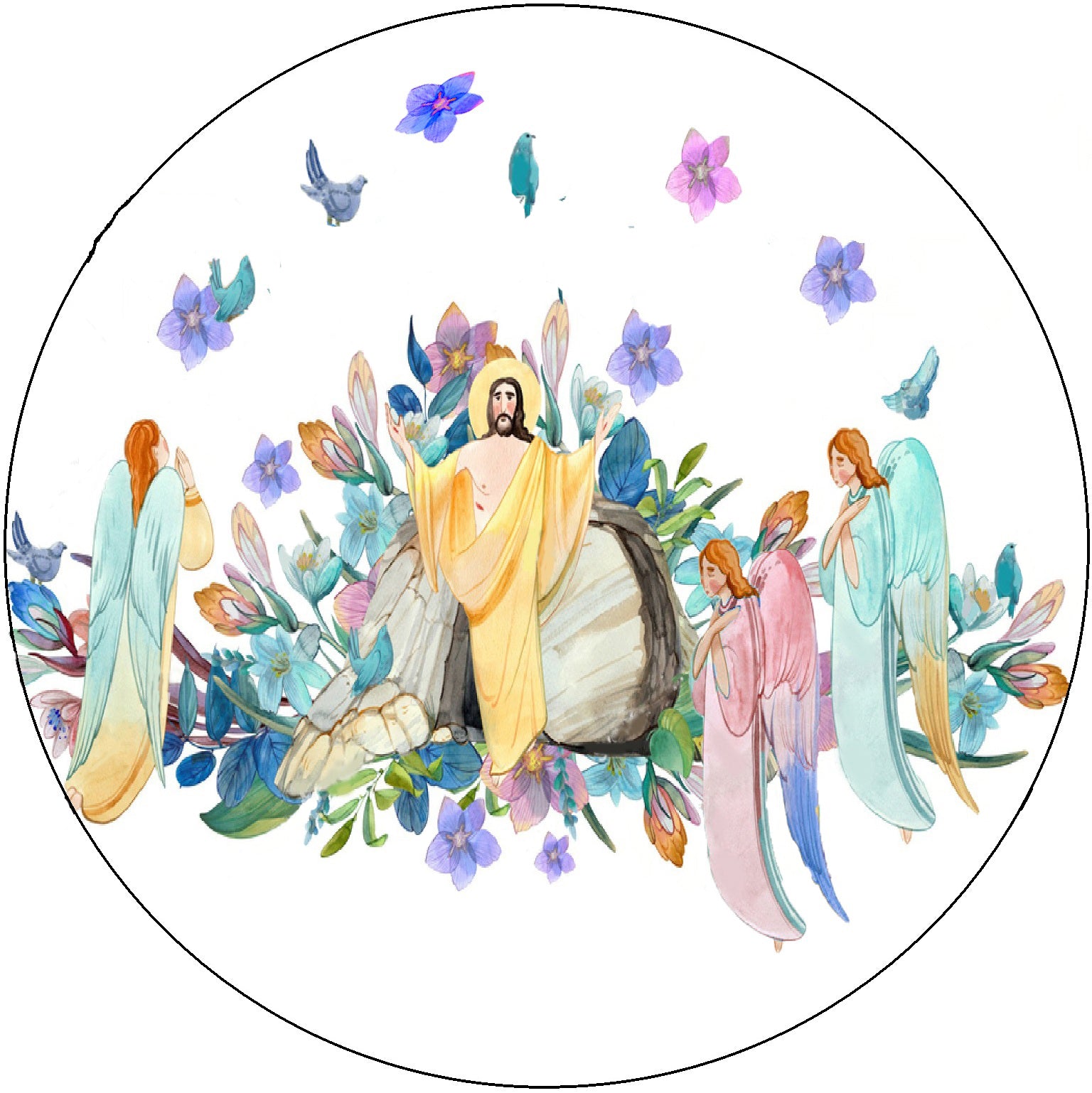 IEdible Iimages Ciupcake topper with Jesus surrounded by angels and flowers.