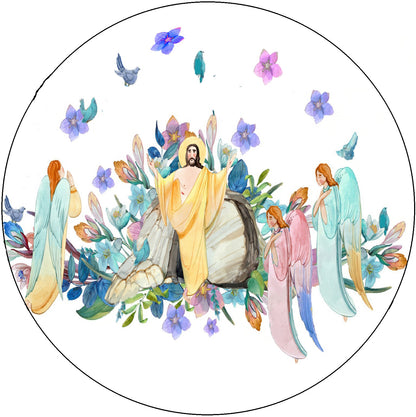 IEdible Iimages Ciupcake topper with Jesus surrounded by angels and flowers.