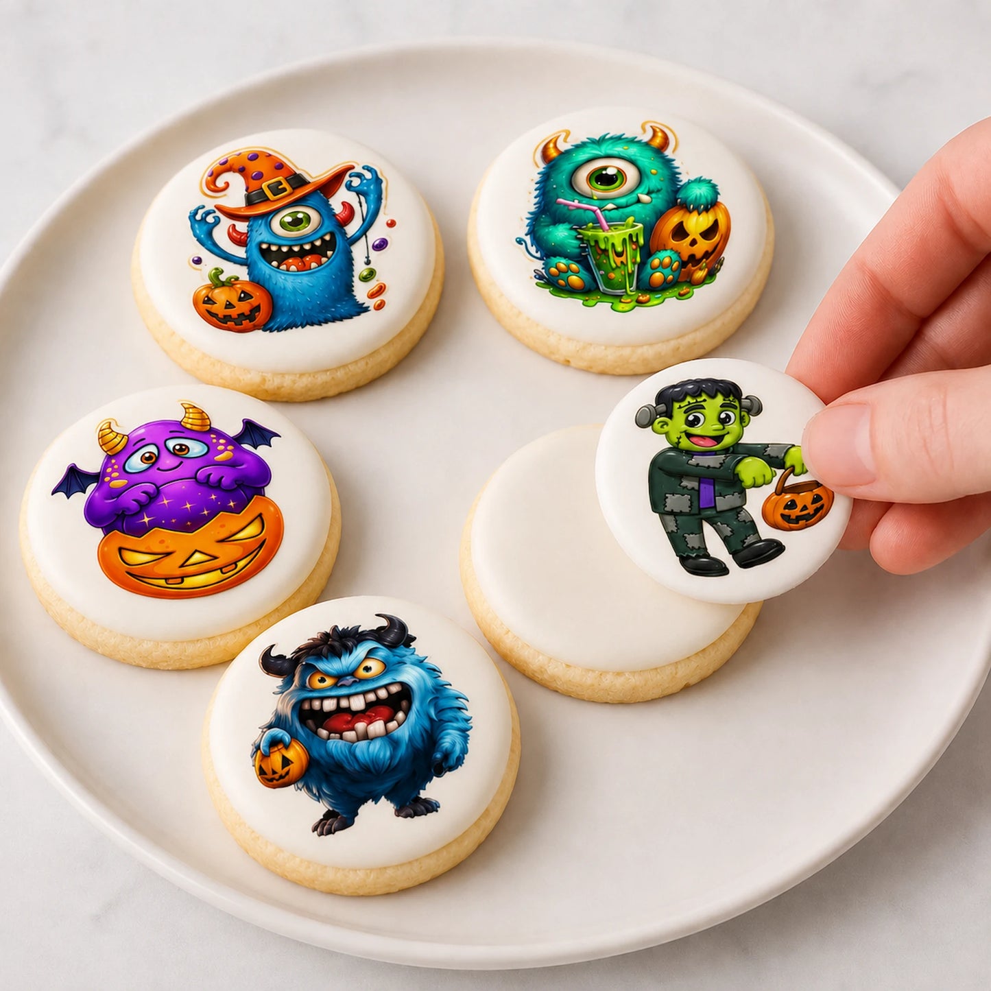 Easy to apply Halloween Edible Image Cookie & Cupcake Topper Little Monsters - 20- 2" Precut Icing Sheet- RA Pape