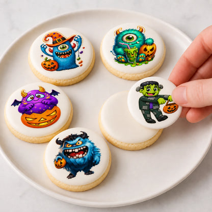 Easy to apply Halloween Edible Image Cookie & Cupcake Topper Little Monsters - 20- 2" Precut Icing Sheet- RA Pape