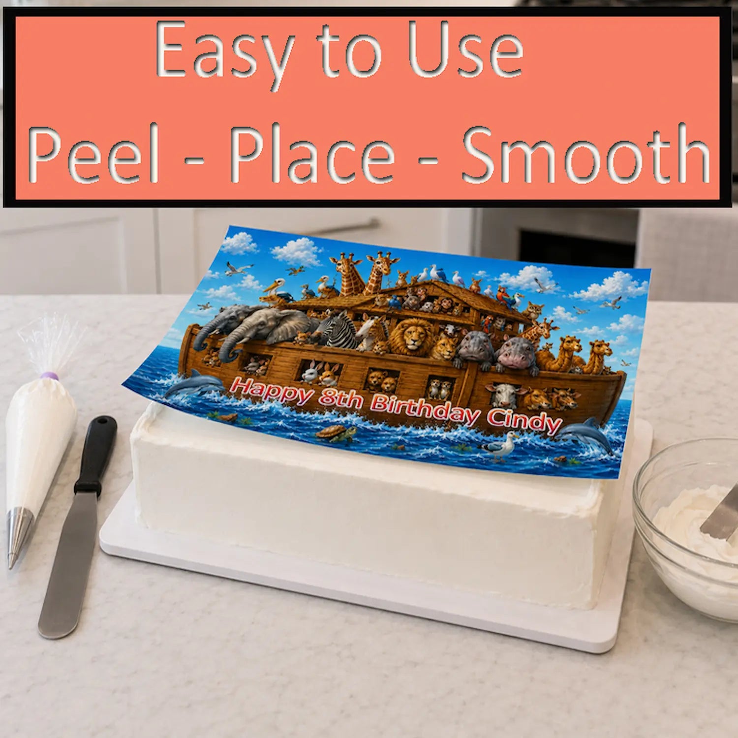 Easy to apply Noah's Ark Birthday Edible Image Cake Topper - 1/4 Icing Sheet - RA Pape