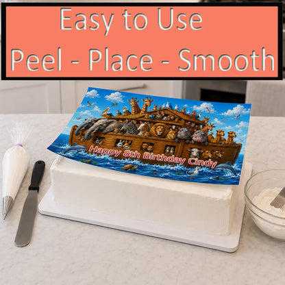 Easy to apply Noah's Ark Birthday Edible Image Cake Topper - 1/4 Icing Sheet - RA Pape