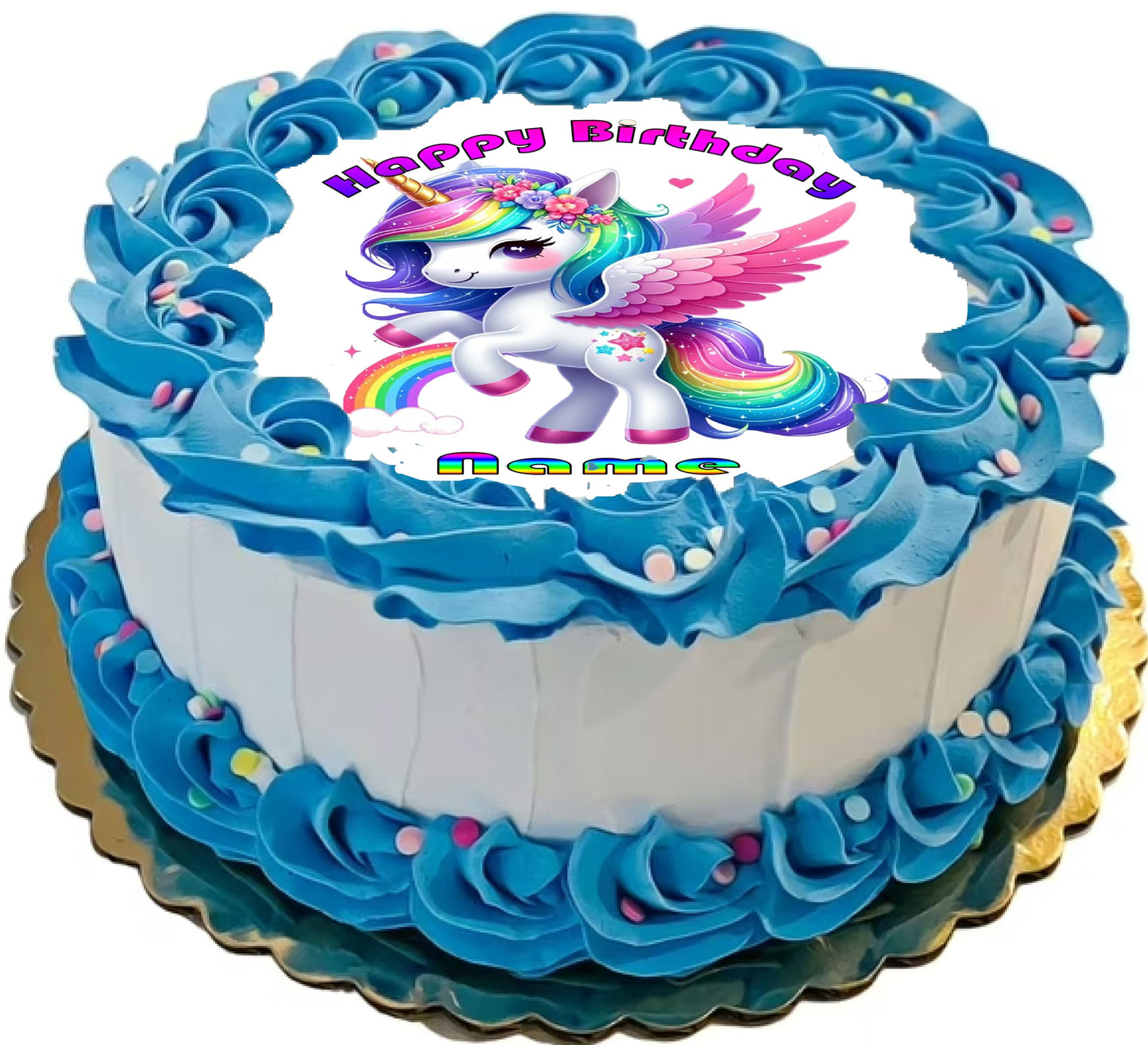 Birthday cake with a unicorn design and 'Happy Birthday' text