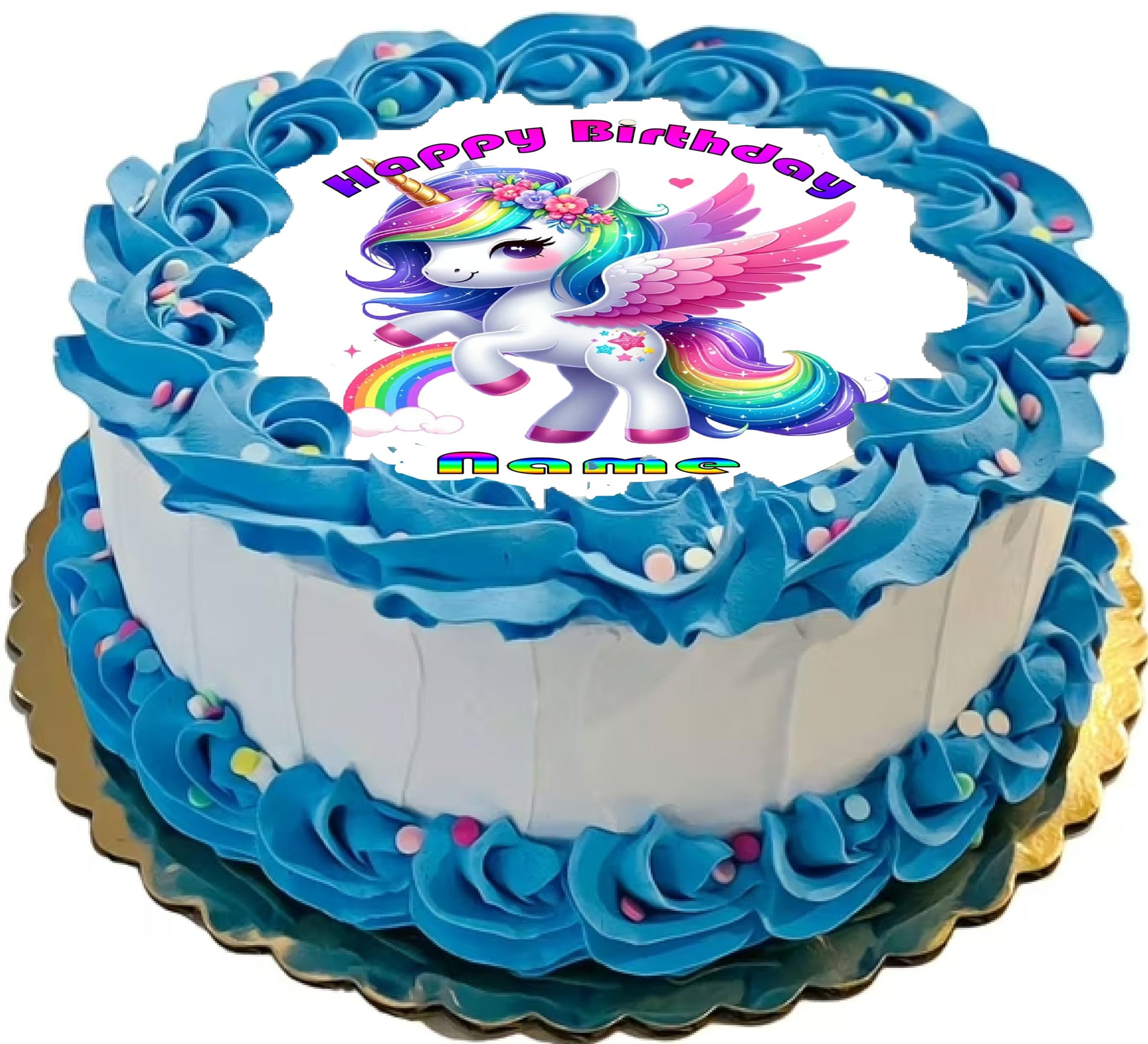 Birthday cake with a unicorn design and 'Happy Birthday' text