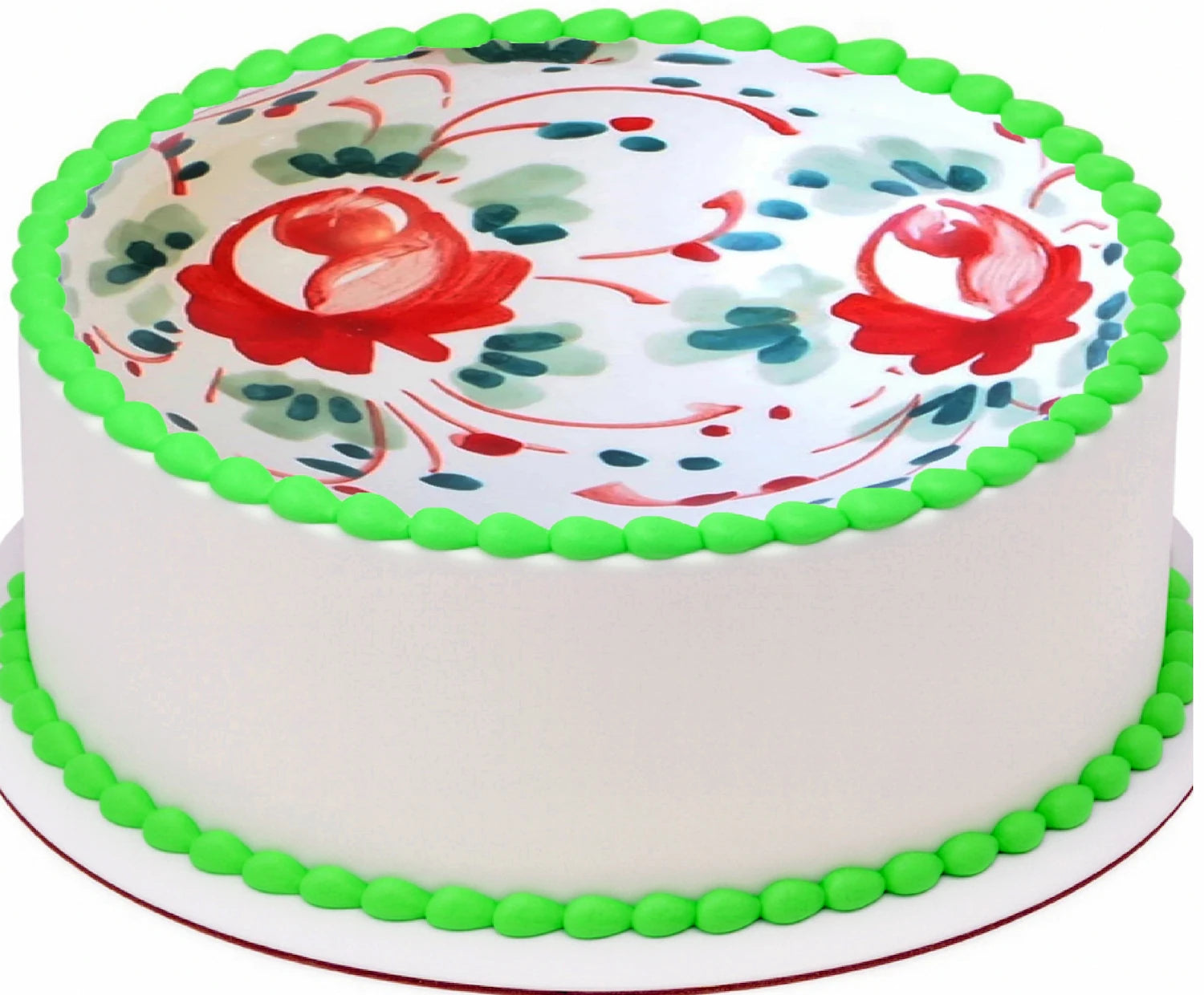Edible cake image of Christmas Bulb decoration  top a frosted cake.