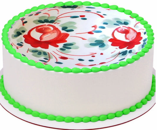 Edible cake image of Christmas Bulb decoration  top a frosted cake.