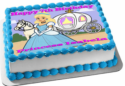 Edible Icing Image Birthday cake Topper with Happy Birthday Princess Cinderella-themed decoration Personalized.