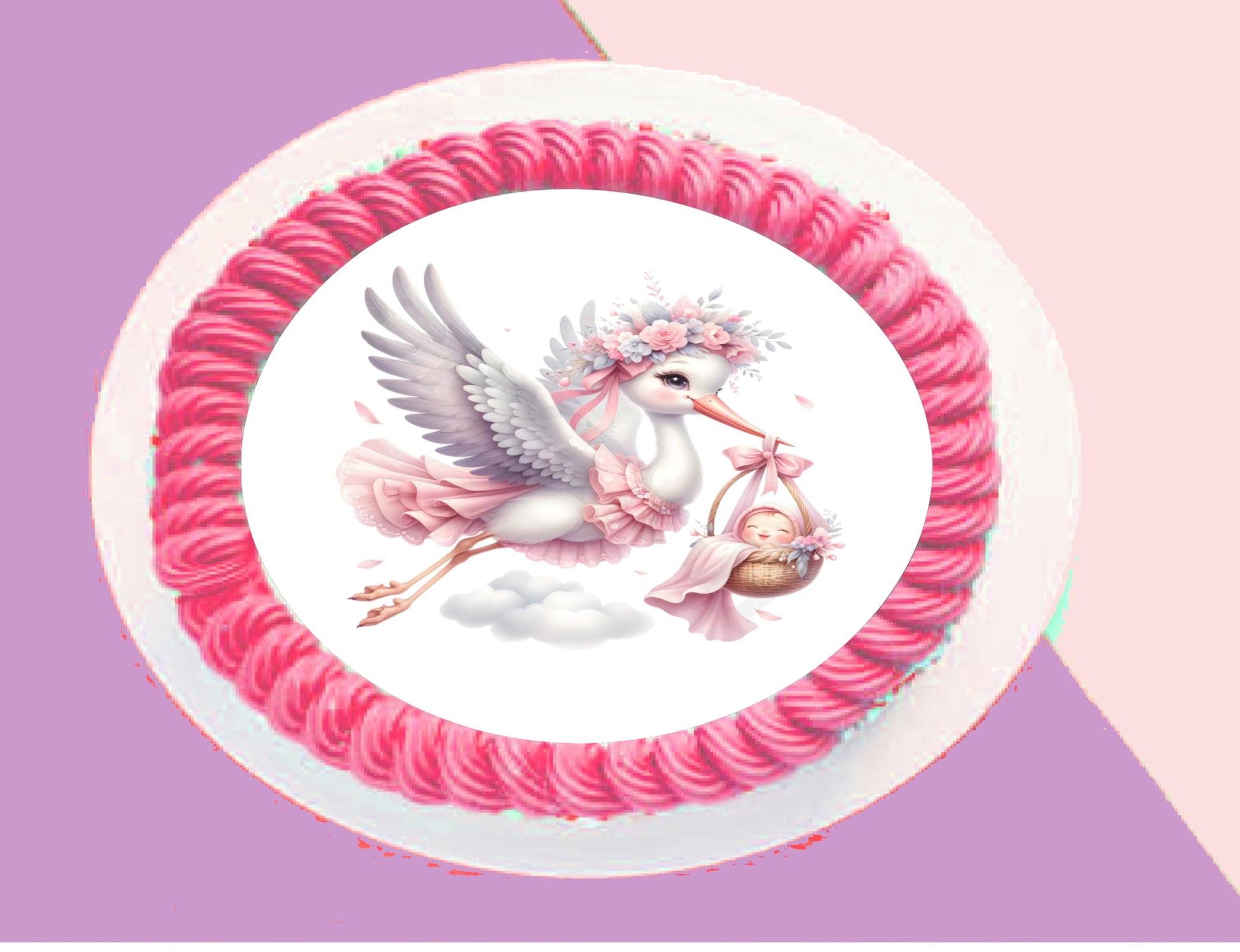 Edible Icing Images S Stork baby Girl Arrival Announcement Cake Topper