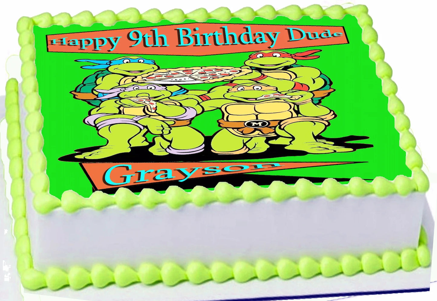 Edible Icing Images Sheet Cake Topper with Ninja Turtle-themed decoration featuring text personalized with name and age