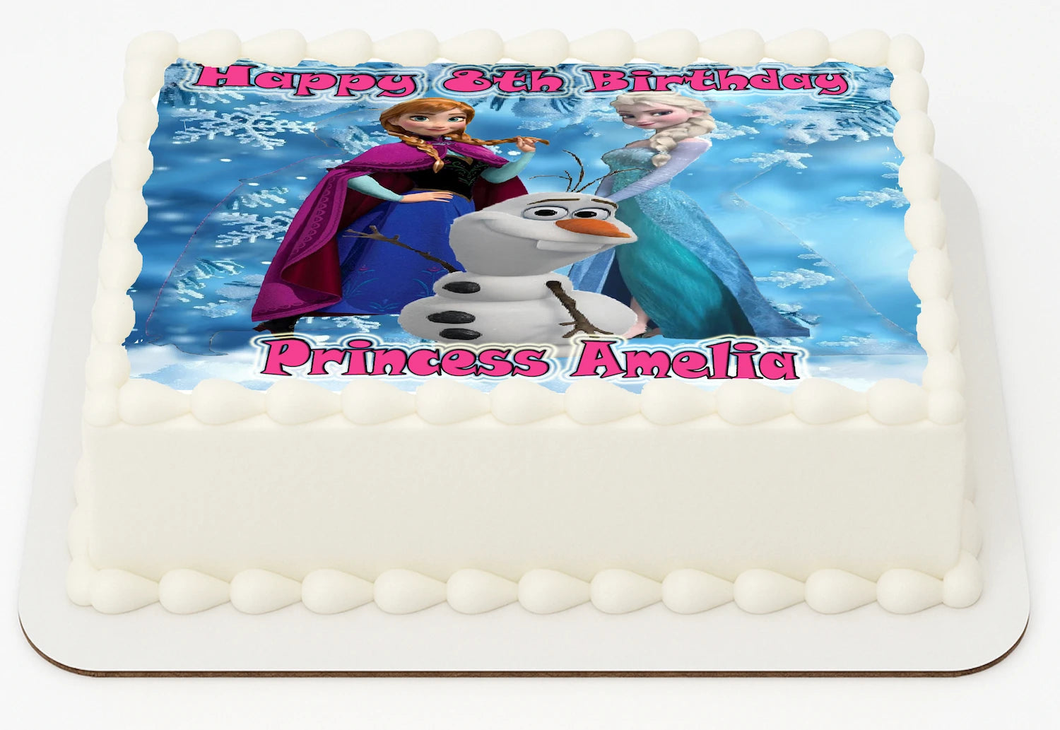 Edible Icing Images Sheet Cake Topper with 'Happy 6th Birthday Princess Amelia' Personalied text and Frozen-themed characters.