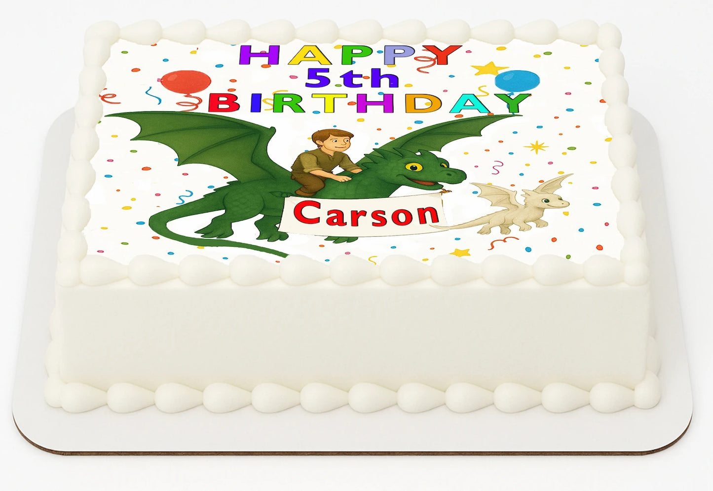Edible Icing Images Sheet Cake Topper with a dragon and child illustration, colorful personalized text,