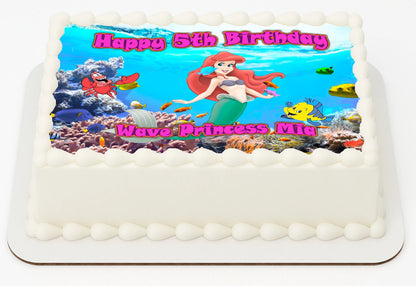 Edible Icing Images Sheet Cake Topper with 'Happy Birthday & Name' Personalized text and Party with Mermaid-themed characters.
