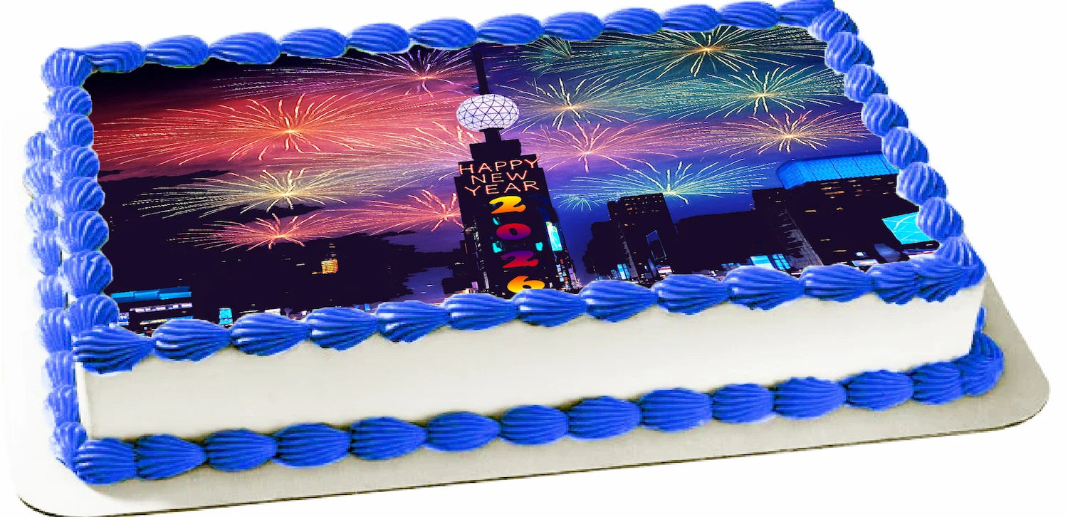 Edible Icing Images New Year Time Square Sheet Cake Topper