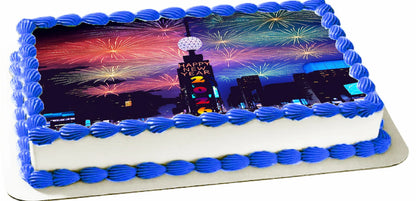 Edible Icing Images New Year Time Square Sheet Cake Topper