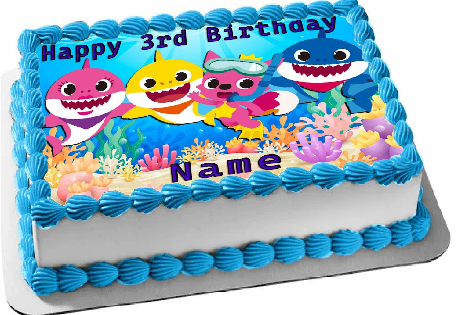 Customizable Edible Icing Images Baby Shark Topper  on a blue trimmed cake