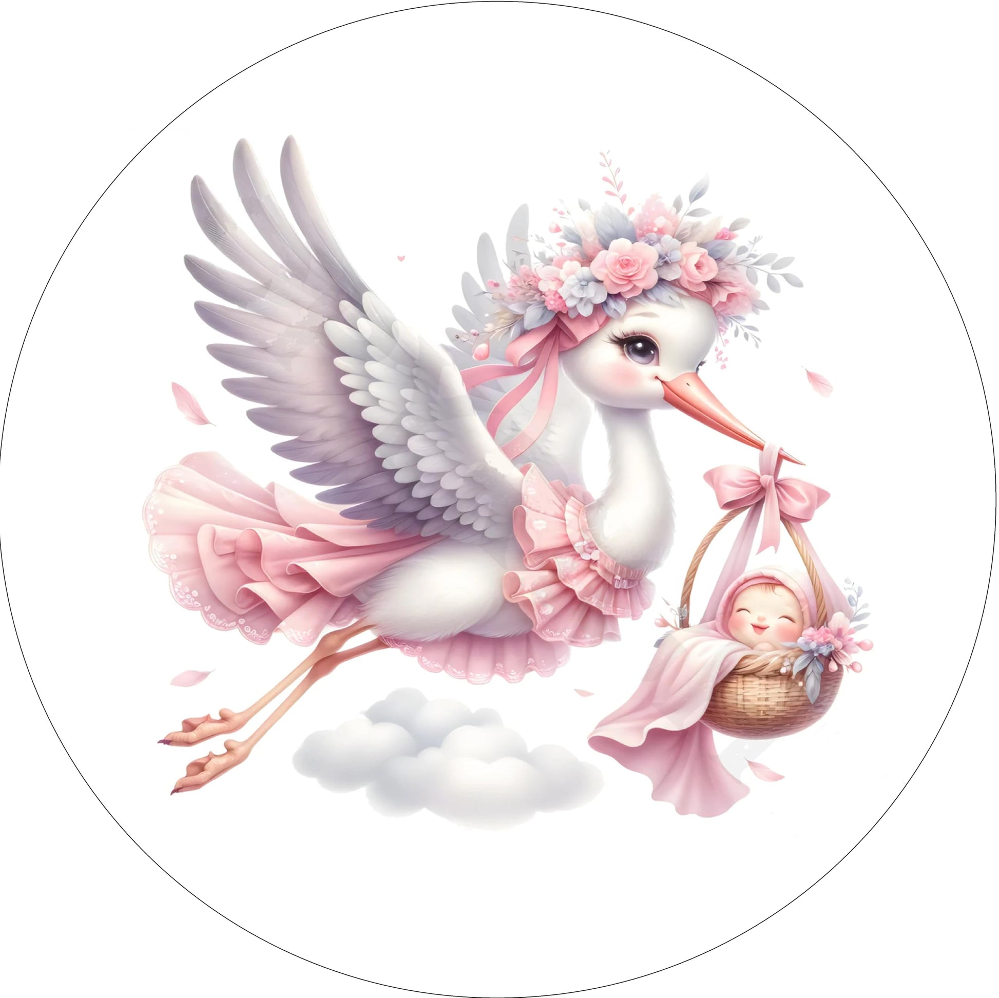 Edible Icing Images Cake Topper with Stork baby Girl Arrival Announcement Design