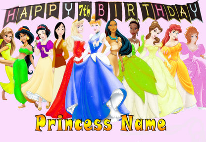 Personalized Edible Icing Images birthday cake topper with Disney Princesses cartoon characters and Happy Birthday Princess name