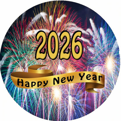 Edible Icing Images Cake Topper with New Year Fireworks Ribbon Design