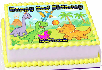 Dinosaurs at Play Edible Image Sheet Cake Topper with dinosaur design and Birthday  & Name Personalized