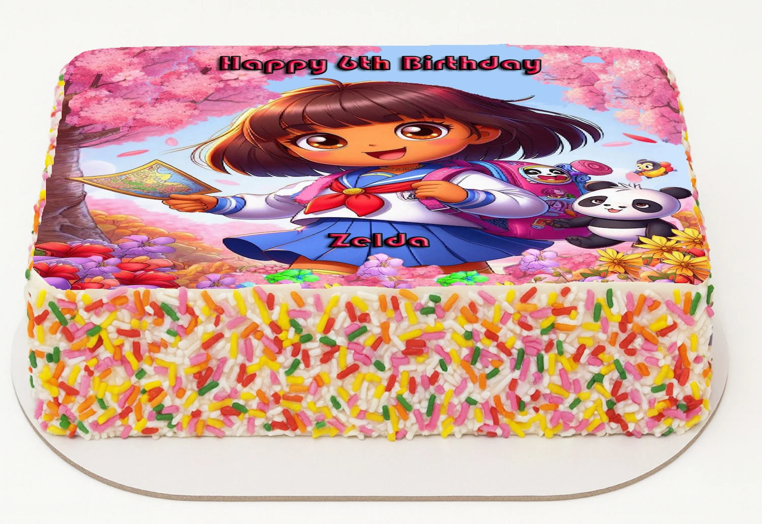 Edible Icing Image Birthday cake Topper with Dora the Explorer design and Personalied.