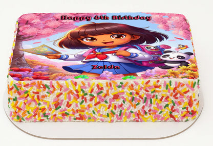 Edible Icing Image Birthday cake Topper with Dora the Explorer design and Personalied.