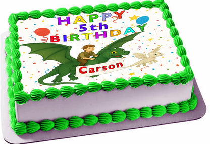 Edible Icing Image Birthday cake Topper with Happy Birthday with a boy riding a dragon Personalied.